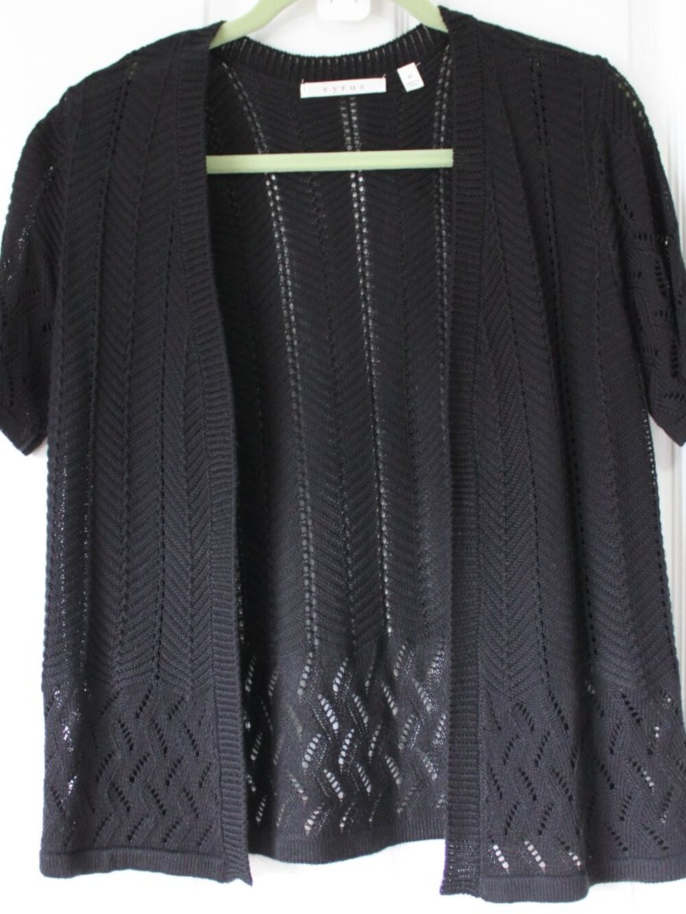 Cyrus Black Pointelle Knit Cardigan - Chevron Open Front Spring Layering - M 🖤